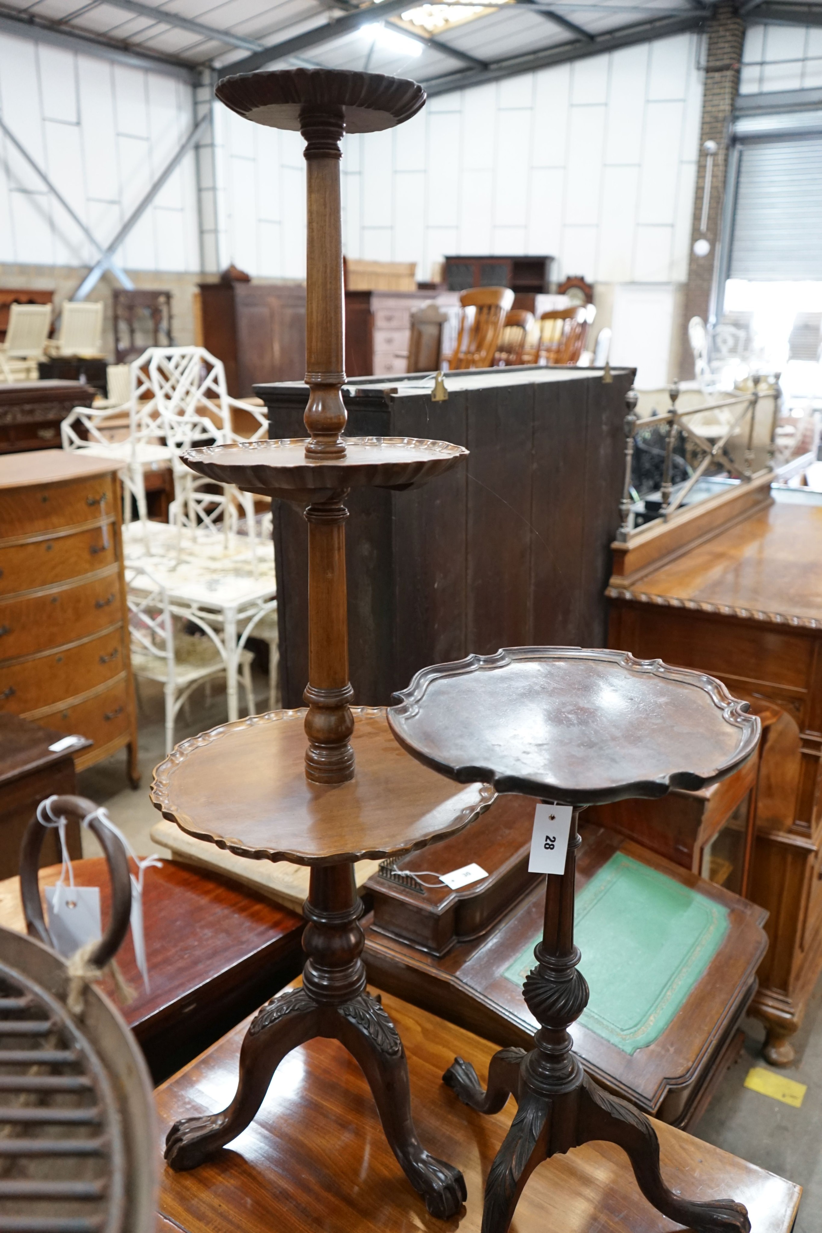 A reproduction George III style mahogany three tier dumb waiter together with a tripod wine table, larger height 120cm